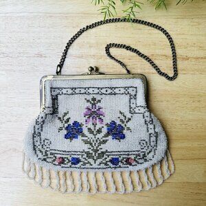 Antique Edwardian Fringe Flapper Purse Evening Bag‎ Micro Seed Bead Floral Metal